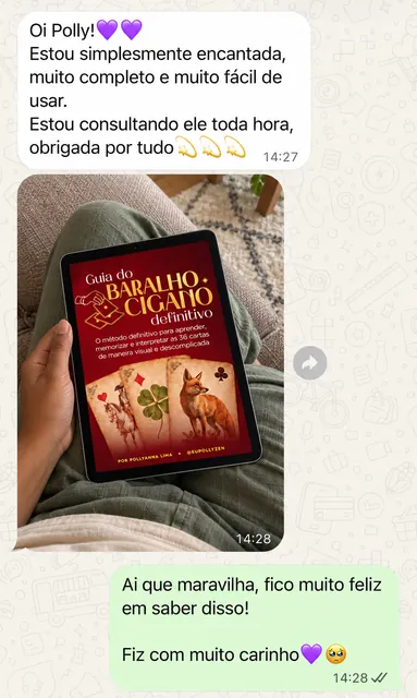 Aluna no WhatsApp mostrando o Guia do Baralho Cigano no tablet: 